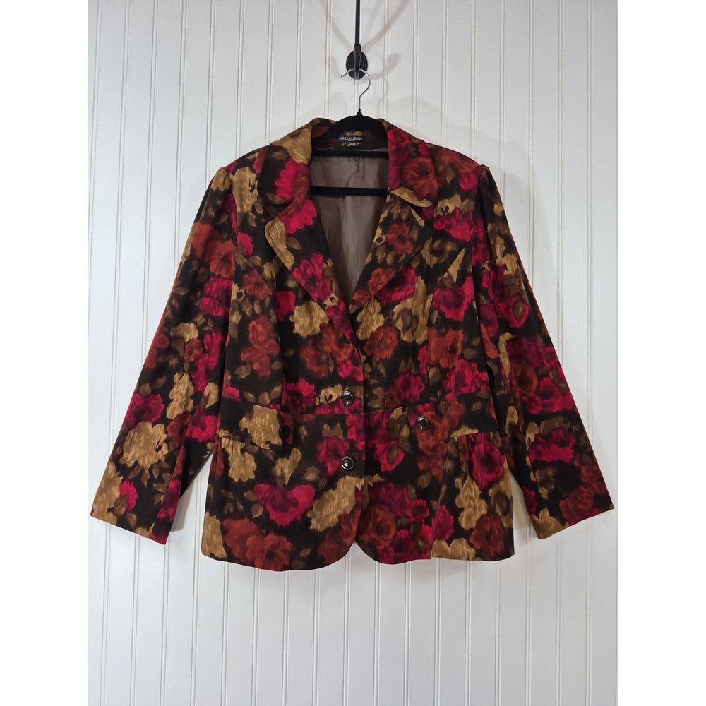 Notations Woman Floral Blazer Red Burgundy Gold Peplum Back 
Size 2XL Colorful